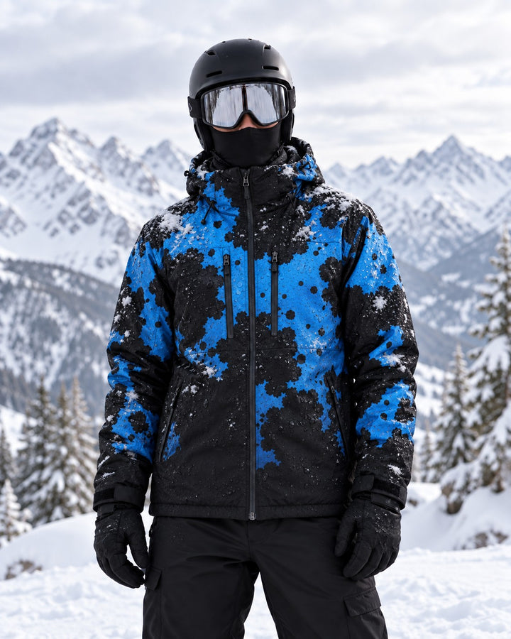 Skier in a STORM jacket, wet from the snow