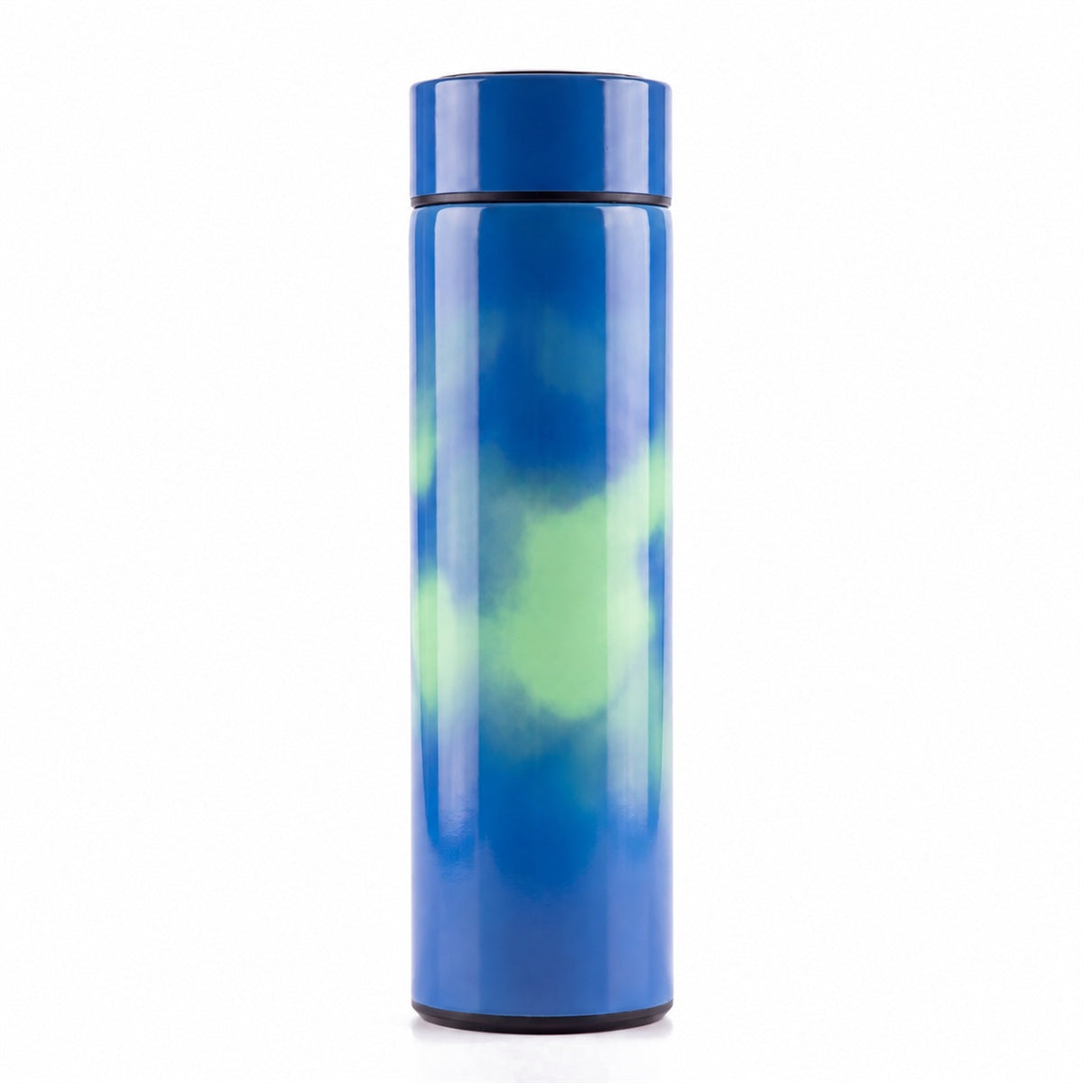 SUBZERO THERMOS BLUE heat-reactive bottle in dark blue with a light green bloom