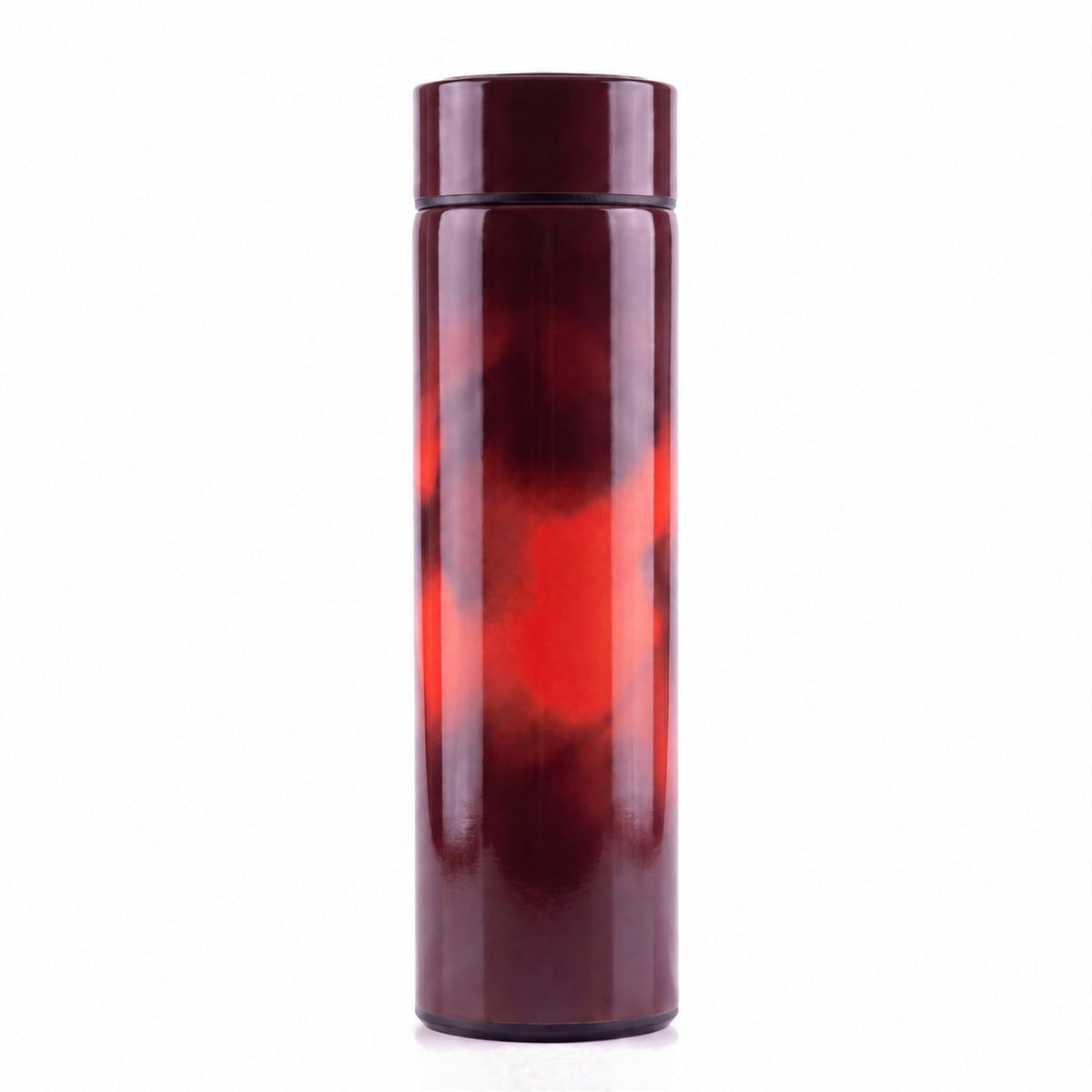 SUBZERO THERMOS RED heat-reactive bottle in dark red with a red bloom